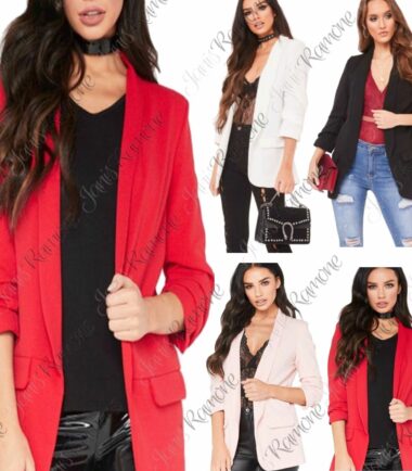 New Womens 3/4 Ruffle Frill Sleeve LongLine Jacket Open Front Blazer Duster Coat