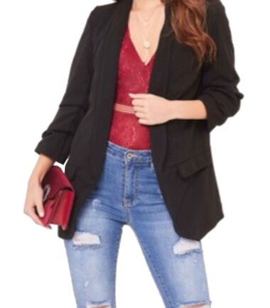 New Womens 3/4 Ruffle Frill Sleeve LongLine Jacket Open Front Blazer Duster Coat