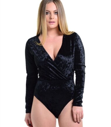 New Womens Crushed Velvet Velour Wrap CrossOver Long Sleeve Leotard Bodysuit Top