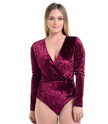 New Womens Crushed Velvet Velour Wrap CrossOver Long Sleeve Leotard Bodysuit Top