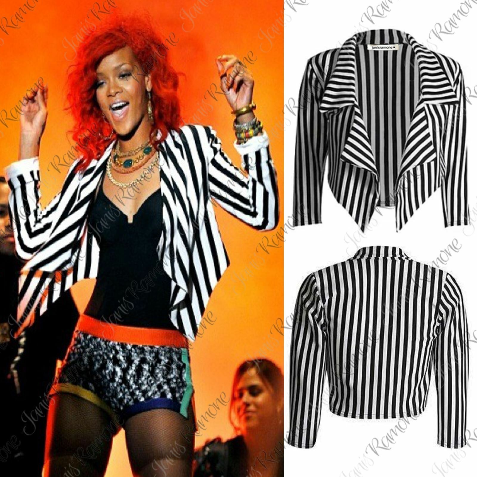 New-Womens-Black-White-Stripe-Open-Front-Waterfall-Short-Blazer-Crop-Jacket-Top New Womens Black White Stripe Open Front Waterfall Short Blazer Crop Jacket Top
