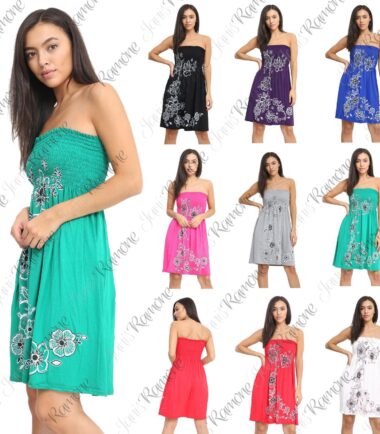 New Womens Floral Panel Print Bandeau Sheering Flared Strapless Mini Dress Top