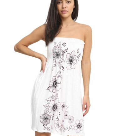 New Womens Floral Panel Print Bandeau Sheering Flared Strapless Mini Dress Top