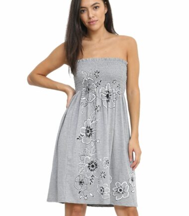 New Womens Floral Panel Print Bandeau Sheering Flared Strapless Mini Dress Top