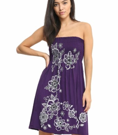 New Womens Floral Panel Print Bandeau Sheering Flared Strapless Mini Dress Top