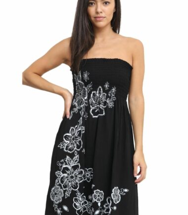 New Womens Floral Panel Print Bandeau Sheering Flared Strapless Mini Dress Top