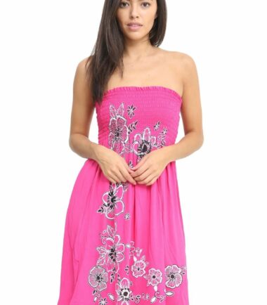 New Womens Floral Panel Print Bandeau Sheering Flared Strapless Mini Dress Top