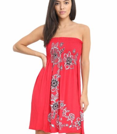 New Womens Floral Panel Print Bandeau Sheering Flared Strapless Mini Dress Top