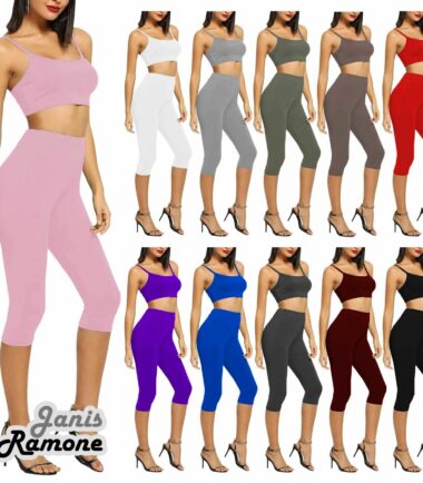 Womens Strappy Crop Top 3/4 Leggings Set Casual Co-ord Summer Dance Loungewear