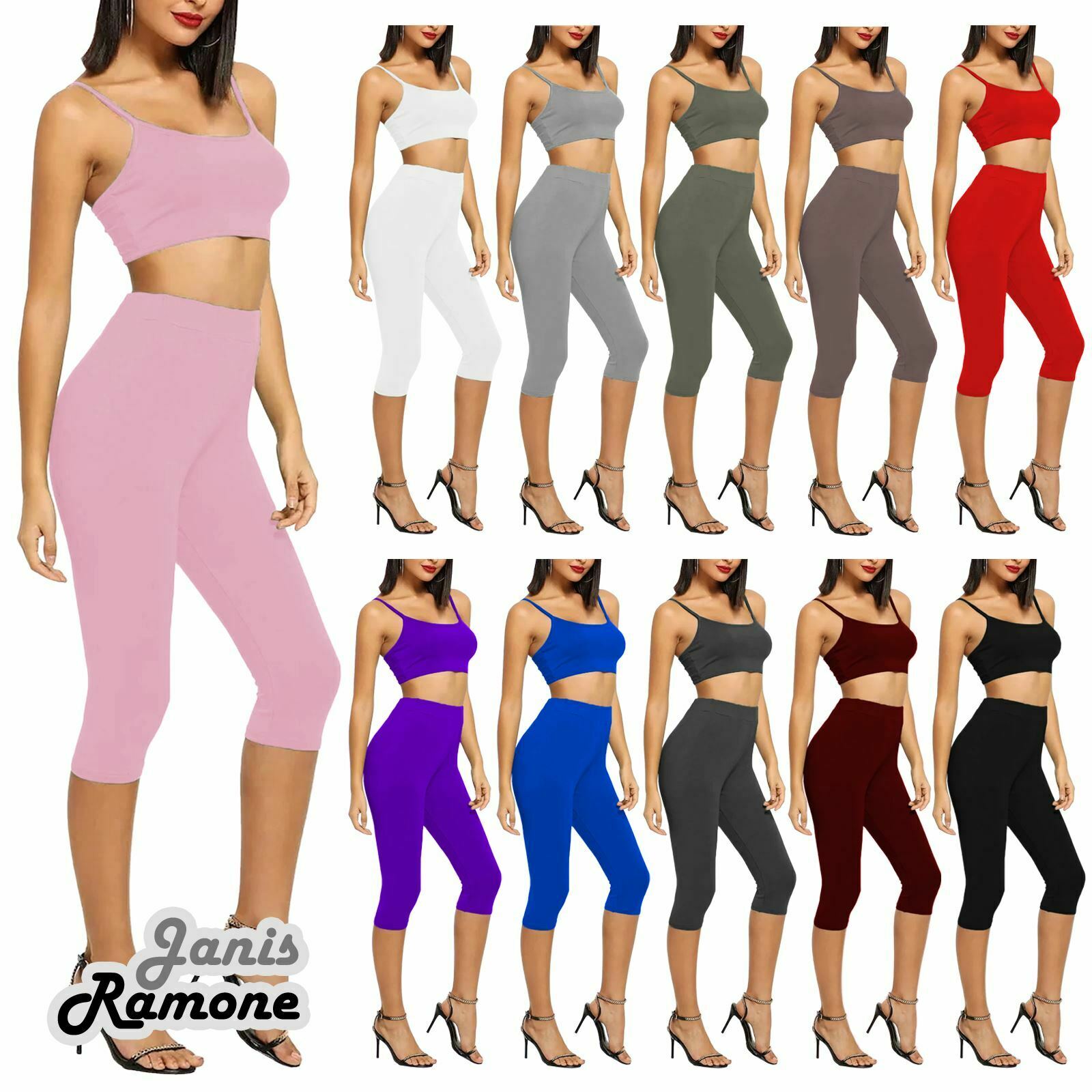 Womens-Strappy-Crop-Top-3/4-Leggings-Set-Casual-Co-ord-Summer-Dance-Loungewear Womens Strappy Crop Top 3/4 Leggings Set Casual Co-ord Summer Dance Loungewear