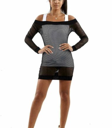 UK Womens Off Shoulder Long Sleeve Fishnet See Through Tunic Party Mini Dress