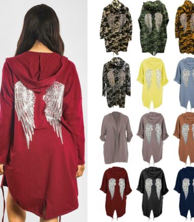 Womens Ladies Sequin Angel Wings Back Hoodie Oversize Cardigan Jacket Sweatshirt