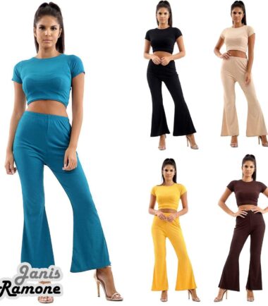 UK Womens Ribbed Short Sleeve Crop Top Flared Trouser Pants 2 Pcs Co-Ord Suit