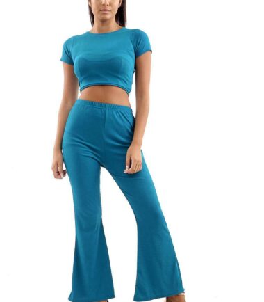UK Womens Ribbed Short Sleeve Crop Top Flared Trouser Pants 2 Pcs Co-Ord Suit