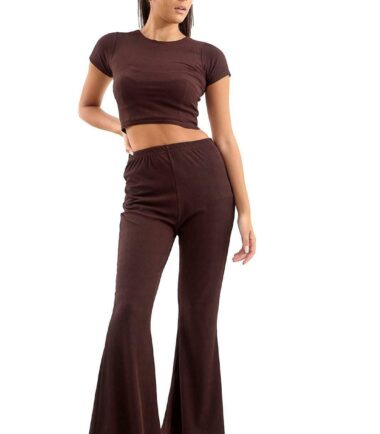 UK Womens Ribbed Short Sleeve Crop Top Flared Trouser Pants 2 Pcs Co-Ord Suit