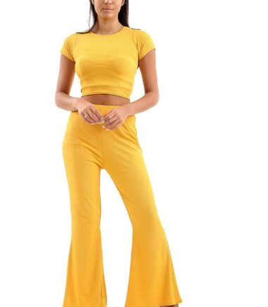 UK Womens Ribbed Short Sleeve Crop Top Flared Trouser Pants 2 Pcs Co-Ord Suit