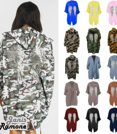 UK Womens Sequin Angel Wings Back Hoodie Oversize Army Cardigan Jacket Coat 8-18