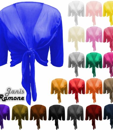 New Womens Mesh Tie Knot Front Short Sleeve V Neck Plain Crop Bolero Shrug Top