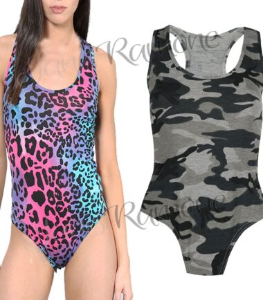 New Womens Ladies Army Printed Muscle Racer Back Sleeveless Bodysuit Leotard Top