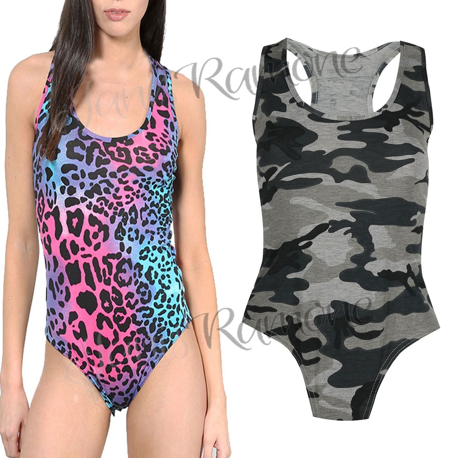 New-Womens-Ladies-Army-Printed-Muscle-Racer-Back-Sleeveless-Bodysuit-Leotard-Top New Womens Ladies Army Printed Muscle Racer Back Sleeveless Bodysuit Leotard Top