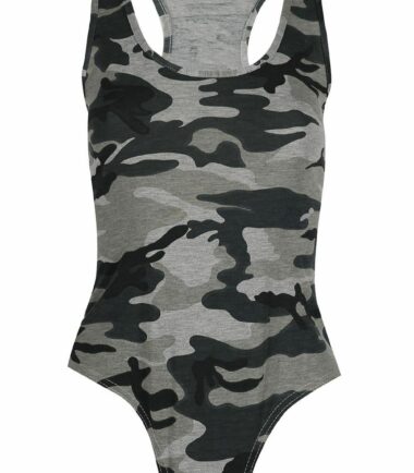 New Womens Ladies Army Printed Muscle Racer Back Sleeveless Bodysuit Leotard Top