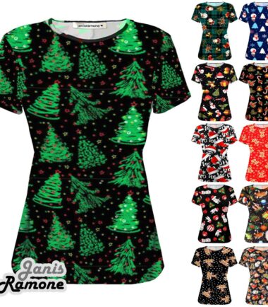 Womens Xmas Tree Santa Hat Cat Bauble Short Sleeve Christmas T-Shirt Fitted Top
