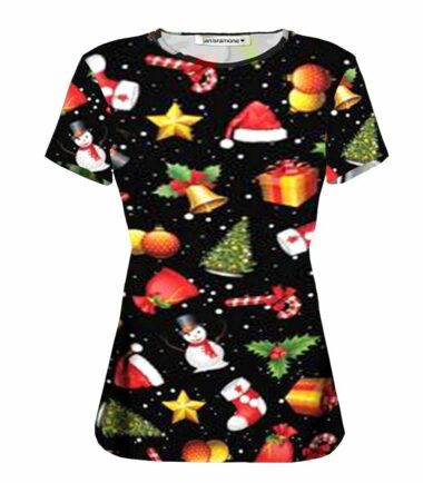 Womens Xmas Tree Santa Hat Cat Bauble Short Sleeve Christmas T-Shirt Fitted Top