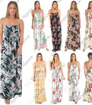 Womens Floral Print Strapless Sheering Boobtube Ruched Summer Long Maxi Dress