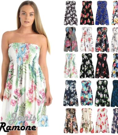 Womens Floral Print Sheering Boobtube Bandeau Strapless Summer Mini Dress Top