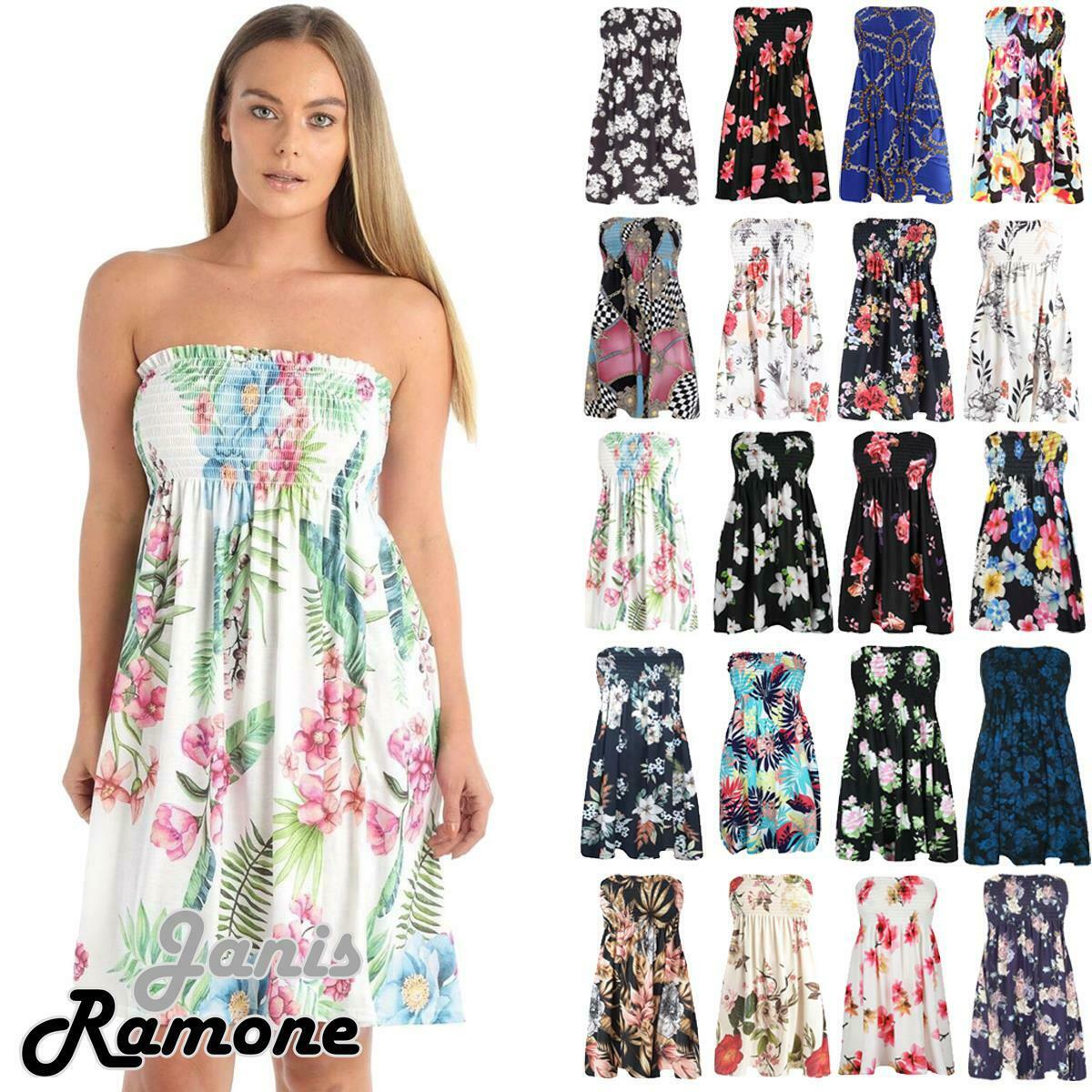 Womens-Floral-Print-Sheering-Boobtube-Bandeau-Strapless-Summer-Mini-Dress-Top Womens Floral Print Sheering Boobtube Bandeau Strapless Summer Mini Dress Top