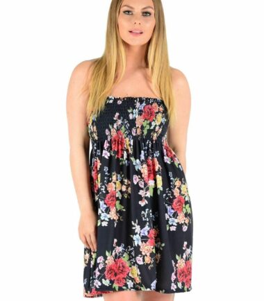 Womens Floral Print Sheering Boobtube Bandeau Strapless Summer Mini Dress Top