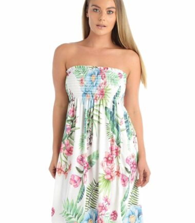 Womens-Floral-Print-Sheering-Boobtube-Bandeau-Strapless-Summer-Mini-Dress-Top Womens Floral Print Sheering Boobtube Bandeau Strapless Summer Mini Dress Top