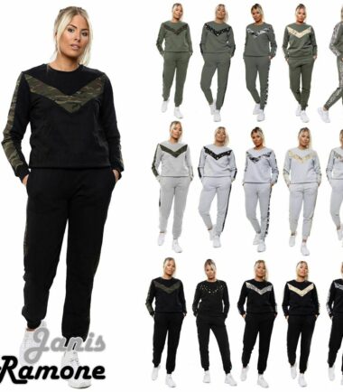 Womens Chevron Panel Sweat Top Joggers Bottom Casual Loungewear Fleece Tracksuit