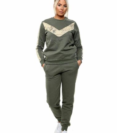 Womens Chevron Panel Sweat Top Joggers Bottom Casual Loungewear Fleece Tracksuit