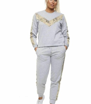 Womens Chevron Panel Sweat Top Joggers Bottom Casual Loungewear Fleece Tracksuit