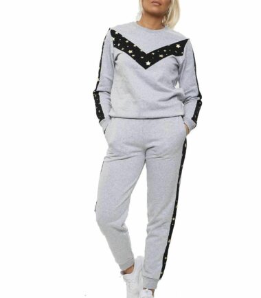 Womens Chevron Panel Sweat Top Joggers Bottom Casual Loungewear Fleece Tracksuit
