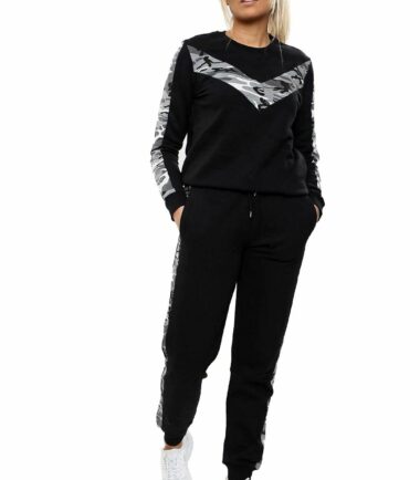 Womens Chevron Panel Sweat Top Joggers Bottom Casual Loungewear Fleece Tracksuit