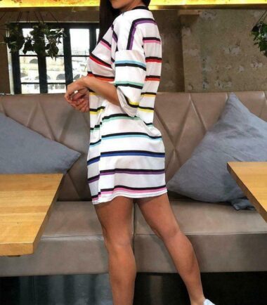 Womens Stripe Printed Baggy Oversized Boyfriend T-Shirt Dress Tunic Longline Top