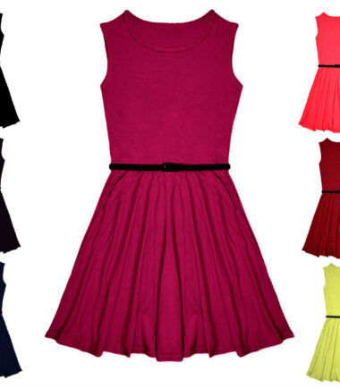 GIRLS SKATER DRESS SWING FLARED FANCY PARTY BELTED KIDS SLEEVELESS 5-13 YEARS