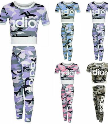 Kids Girls Adios Print Camouflage Crop Top Leggings Tracksuit 2 Pcs Set 5-13 Yrs