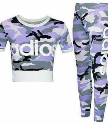 Kids Girls Adios Print Camouflage Crop Top Leggings Tracksuit 2 Pcs Set 5-13 Yrs