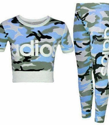 Kids Girls Adios Print Camouflage Crop Top Leggings Tracksuit 2 Pcs Set 5-13 Yrs