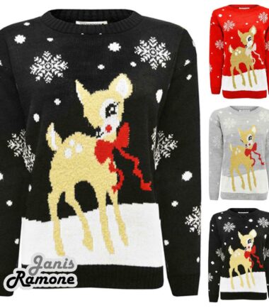 New Kids Girls Christmas Baby Deer Bambi Novelty Xmas Knitted Jumper Sweater Top