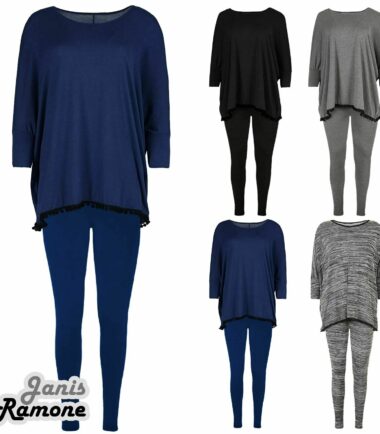 New Womens Plain Pom Pom Trim Batwing Baggy Top Leggings Loungewear 2 Pcs Suit