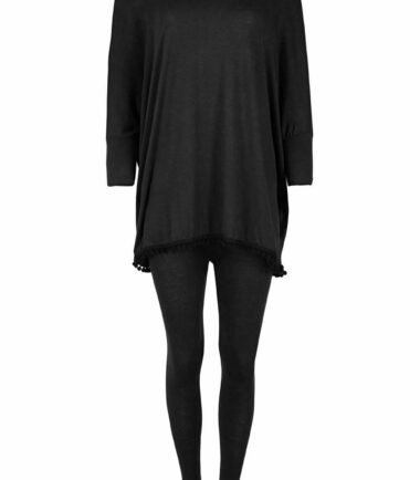 New Womens Plain Pom Pom Trim Batwing Baggy Top Leggings Loungewear 2 Pcs Suit