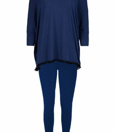 New Womens Plain Pom Pom Trim Batwing Baggy Top Leggings Loungewear 2 Pcs Suit