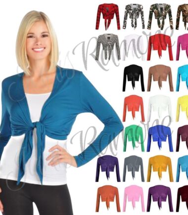 New Womens Plain Bolero Front Tie Shrug Ladies Cropped Long Sleeve Cardigan Top