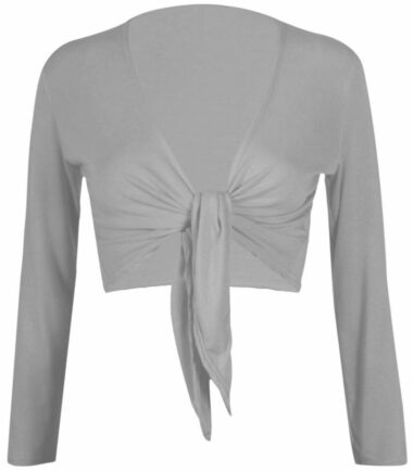 New Womens Plain Bolero Front Tie Shrug Ladies Cropped Long Sleeve Cardigan Top