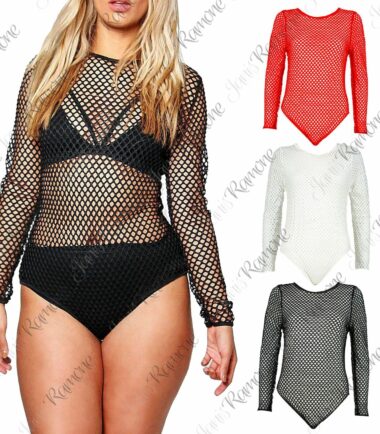 New Womens All Over Full Fishnet Mesh Slim Fit Long Sleeve Bodysuit Leotard Top
