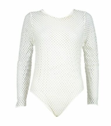 New Womens All Over Full Fishnet Mesh Slim Fit Long Sleeve Bodysuit Leotard Top